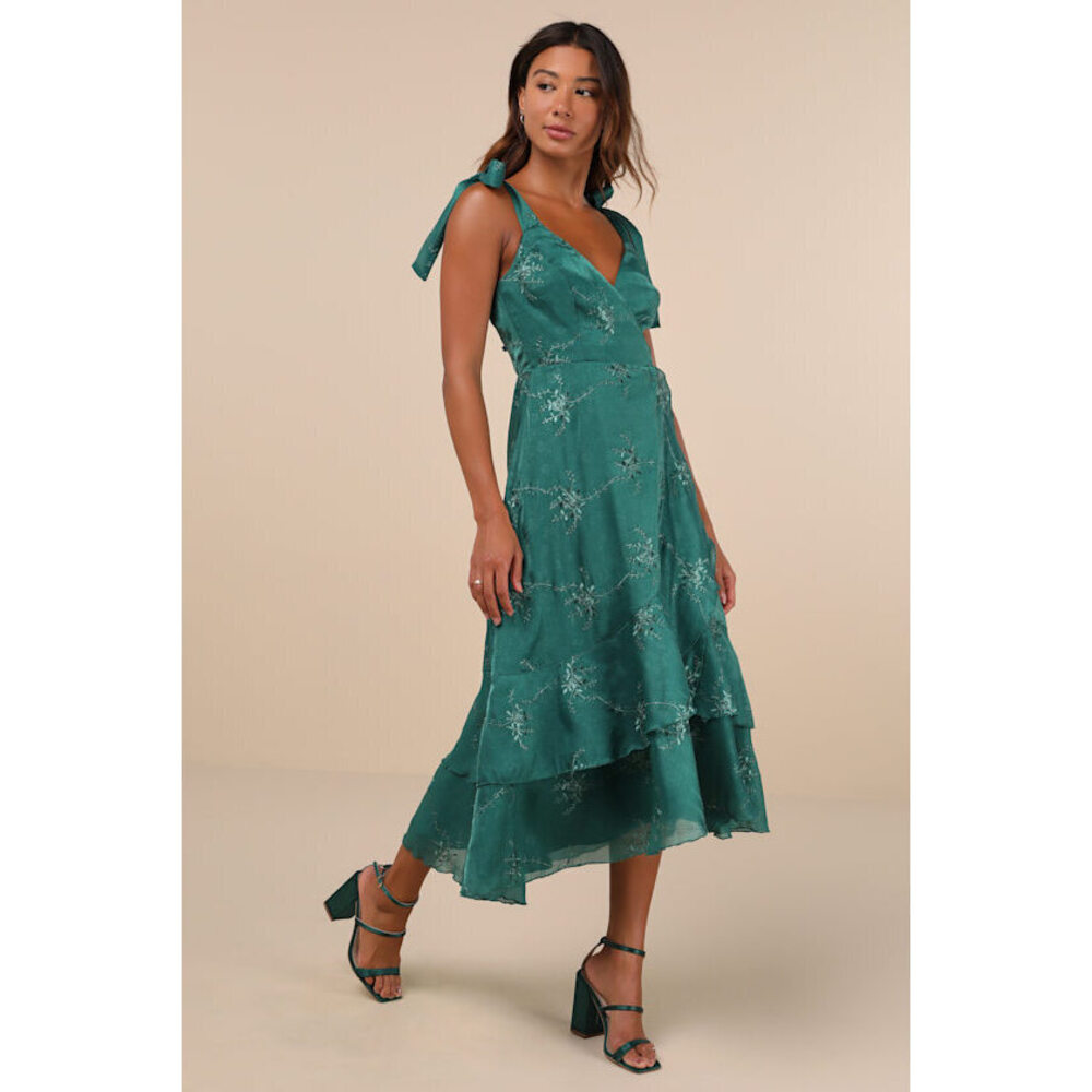 Lulus Elegant Direction Green Embroidered Ruffled Tie-strap Midi Dress - Size XL